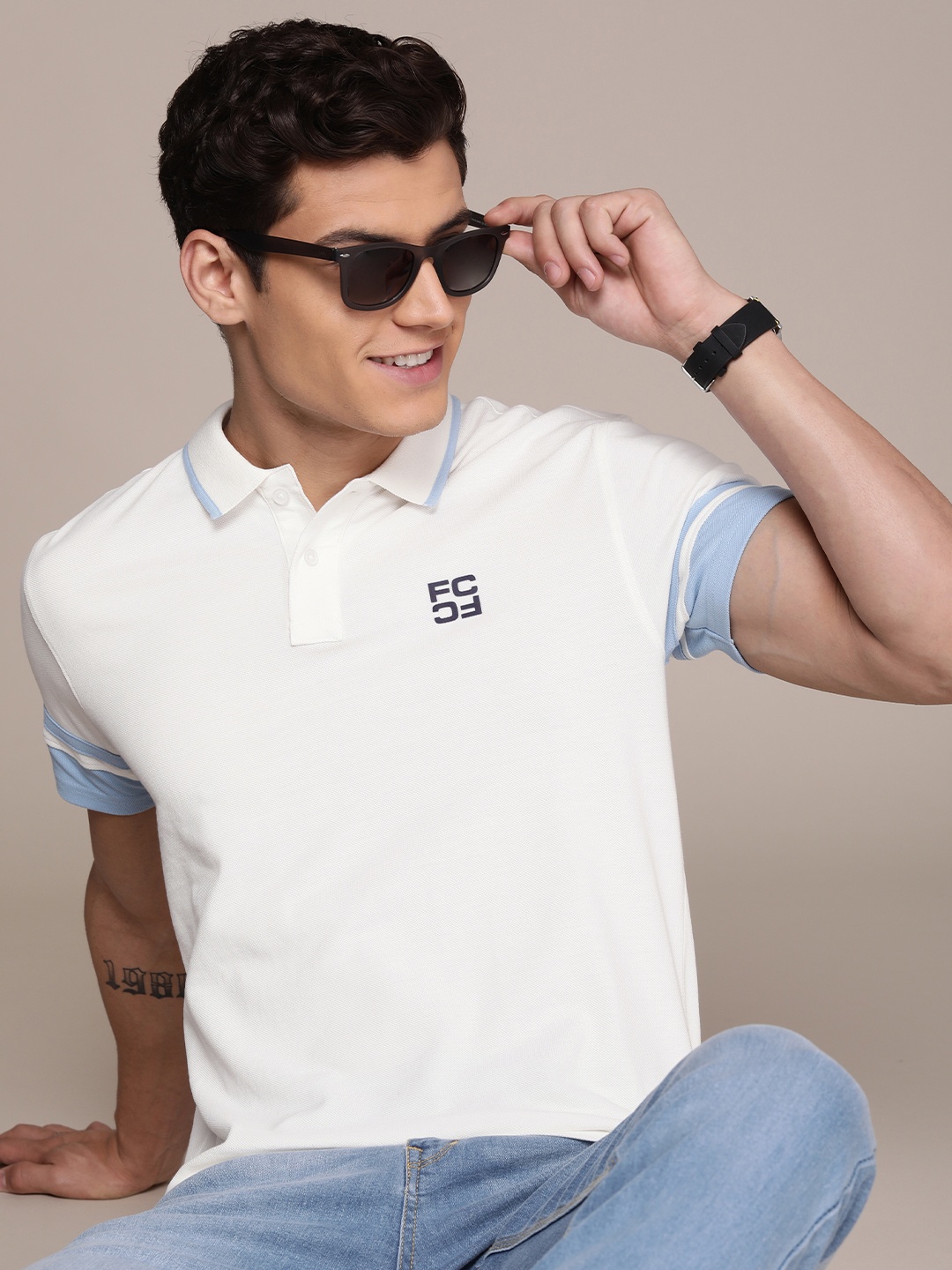 

French Connection Men Solid Polo Collar Pure Cotton T-shirt, White