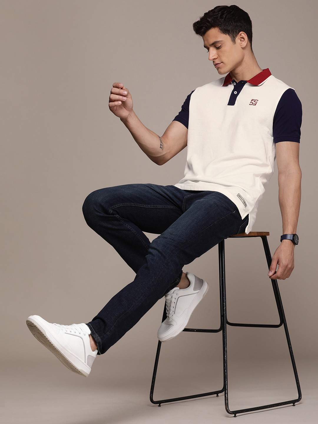 

French Connection Men Pure Cotton Polo Collar T-shirt With Contrast Sleeves, White