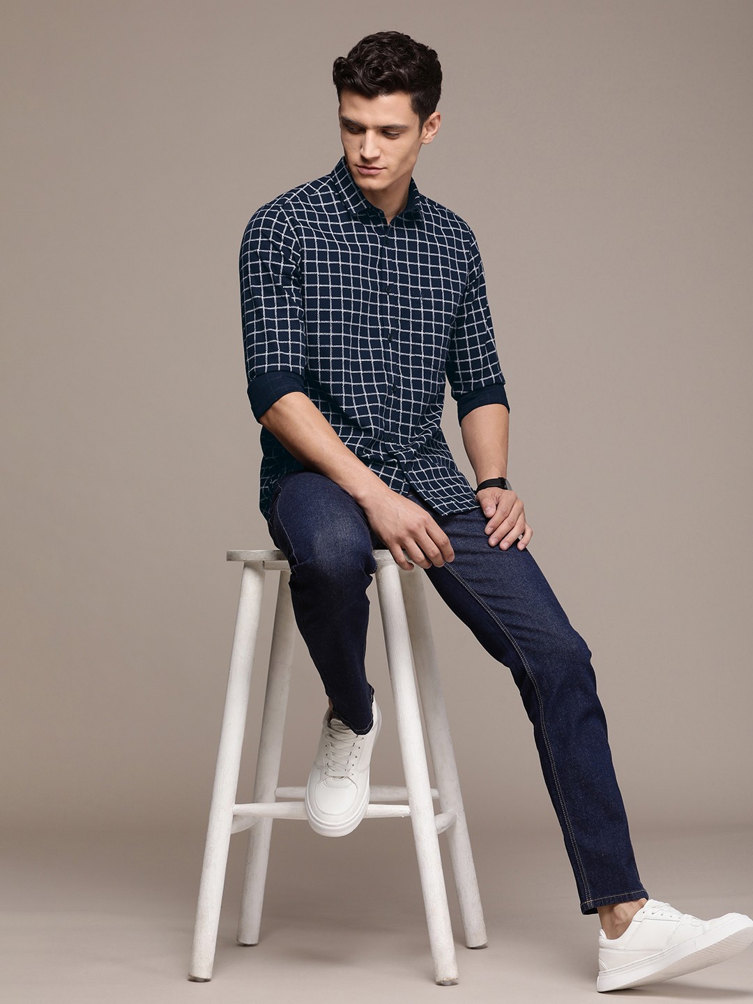 

French Connection Pure Cotton Slim Fit Grid Tattersall Checked Casual Shirt, Navy blue