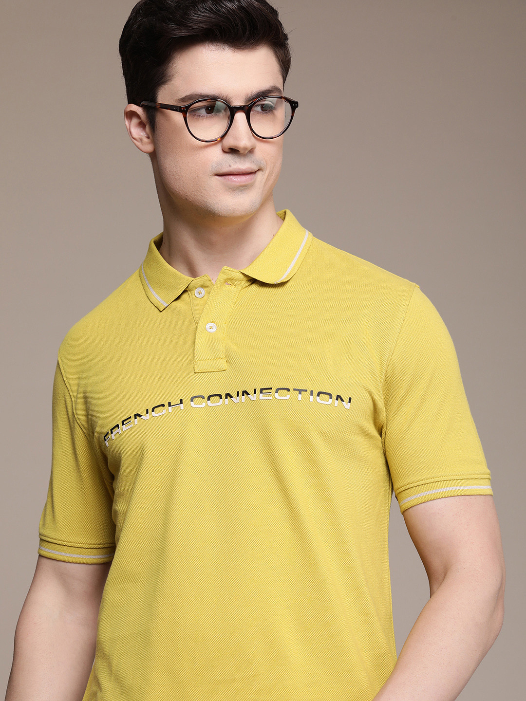 

French Connection Typography Printed Polo Collar Pure Cotton T-shirt, Mustard