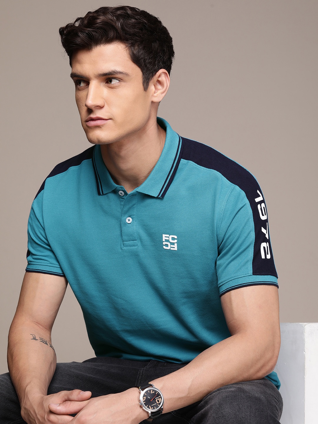 

French Connection Polo Collar Pure Cotton T-shirt With Striped Detail On Shoulder, Blue