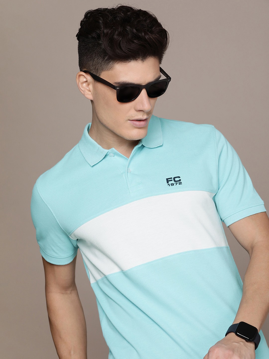

French Connection Colourblocked Polo Collar Pure Cotton T-shirt, Blue