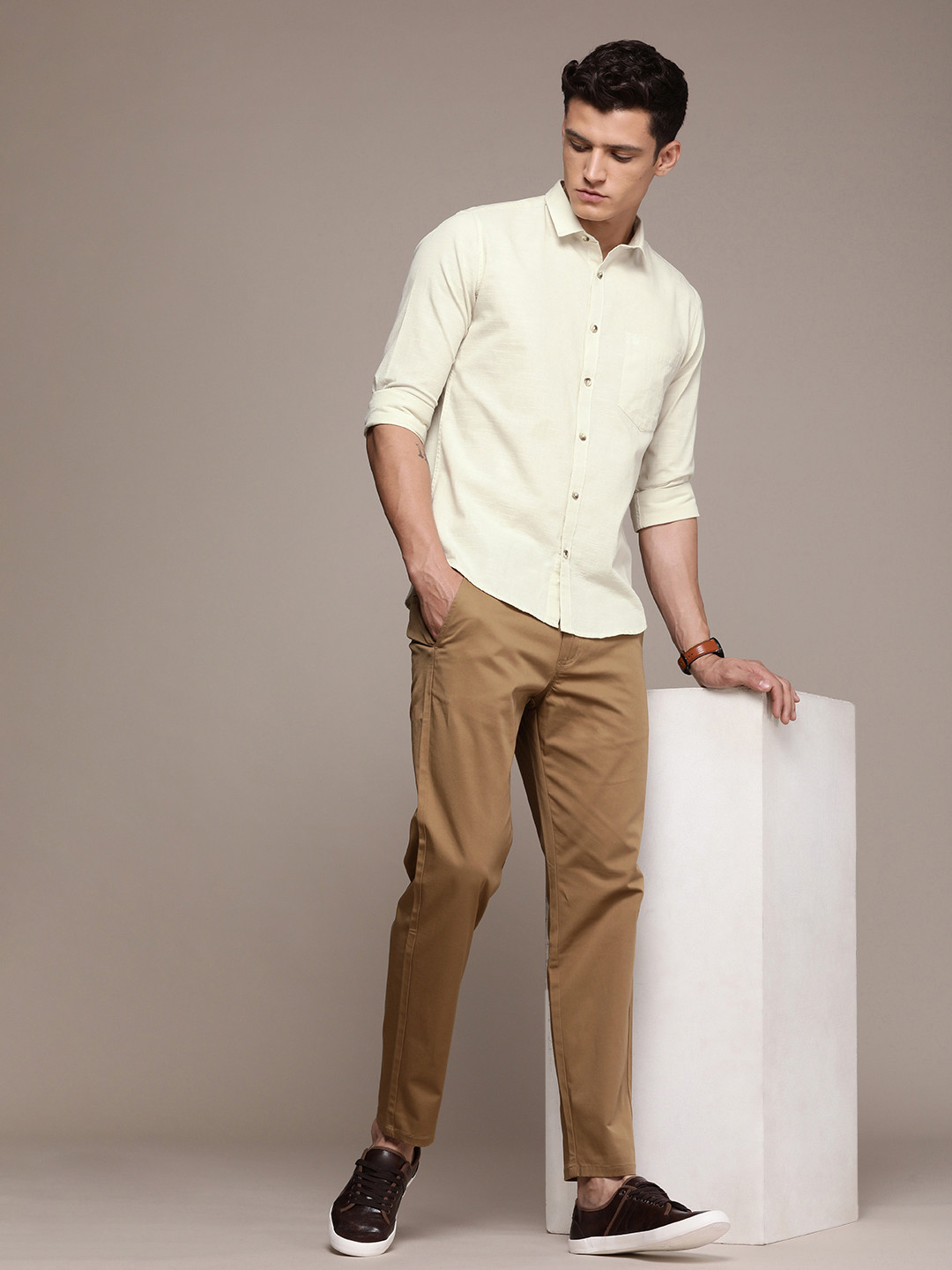 

French Connection Pure Cotton Self Designed Textured Slim Fit Opaque Casual Shirt, Cream