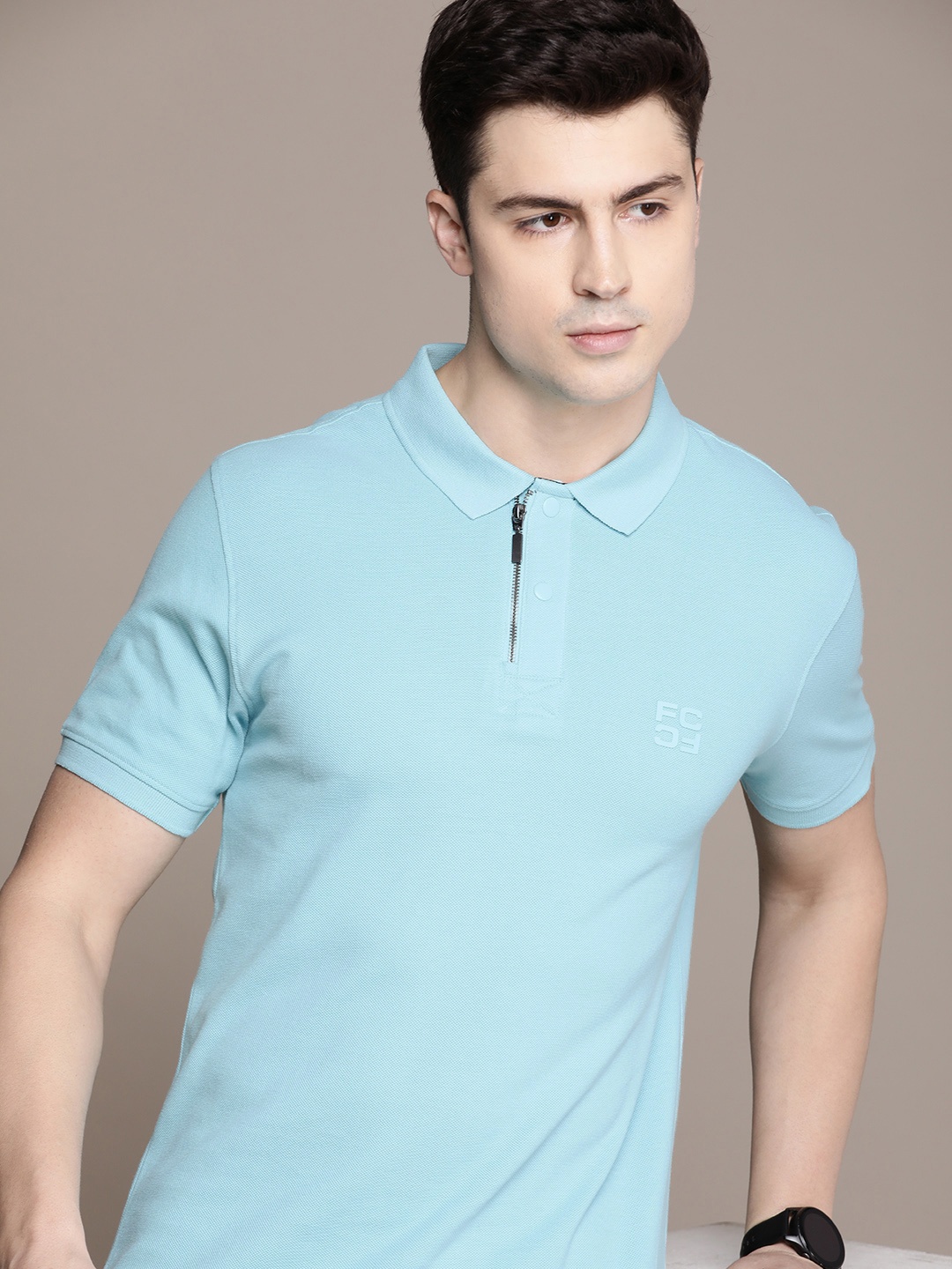 

French Connection Solid Polo Collar Pure Cotton T-shirt, Blue