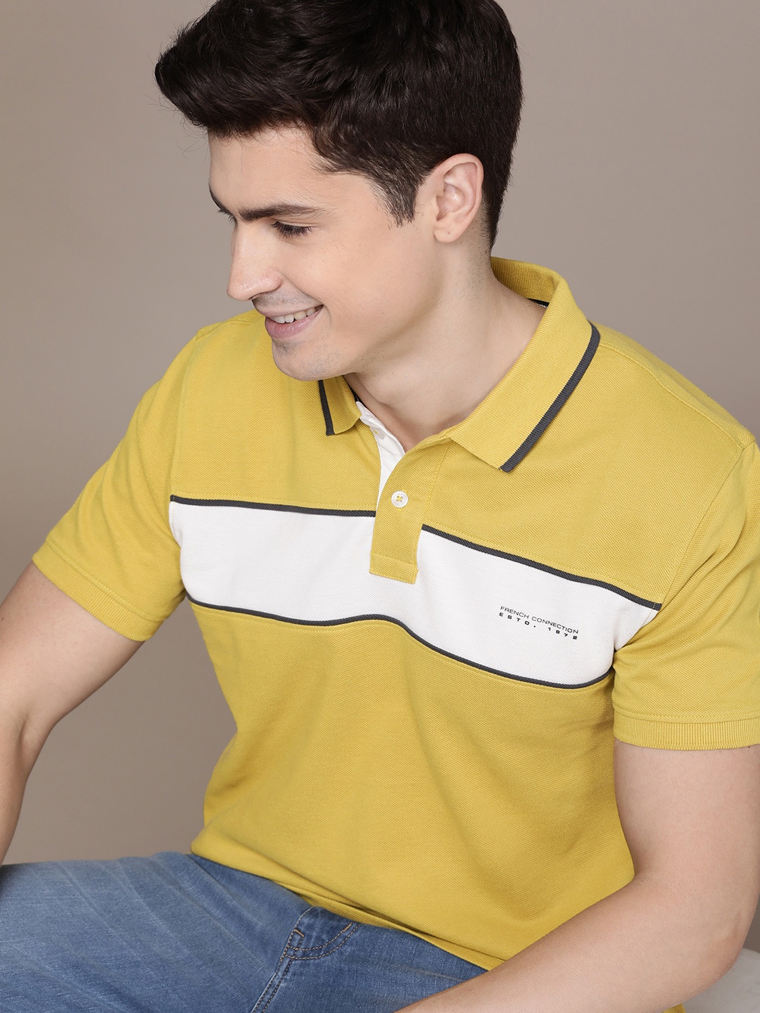 

French Connection Colourblocked Polo Collar Pure Cotton T-shirt, Mustard
