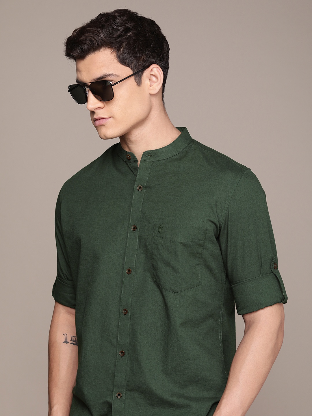 

French Connection Band Collar Slim Fit Pure Cotton Casual Shirt, Green