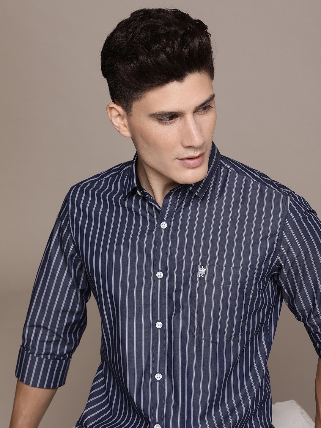 

French Connection Men Pure Cotton Slim Fit Striped Casual Shirt, Blue