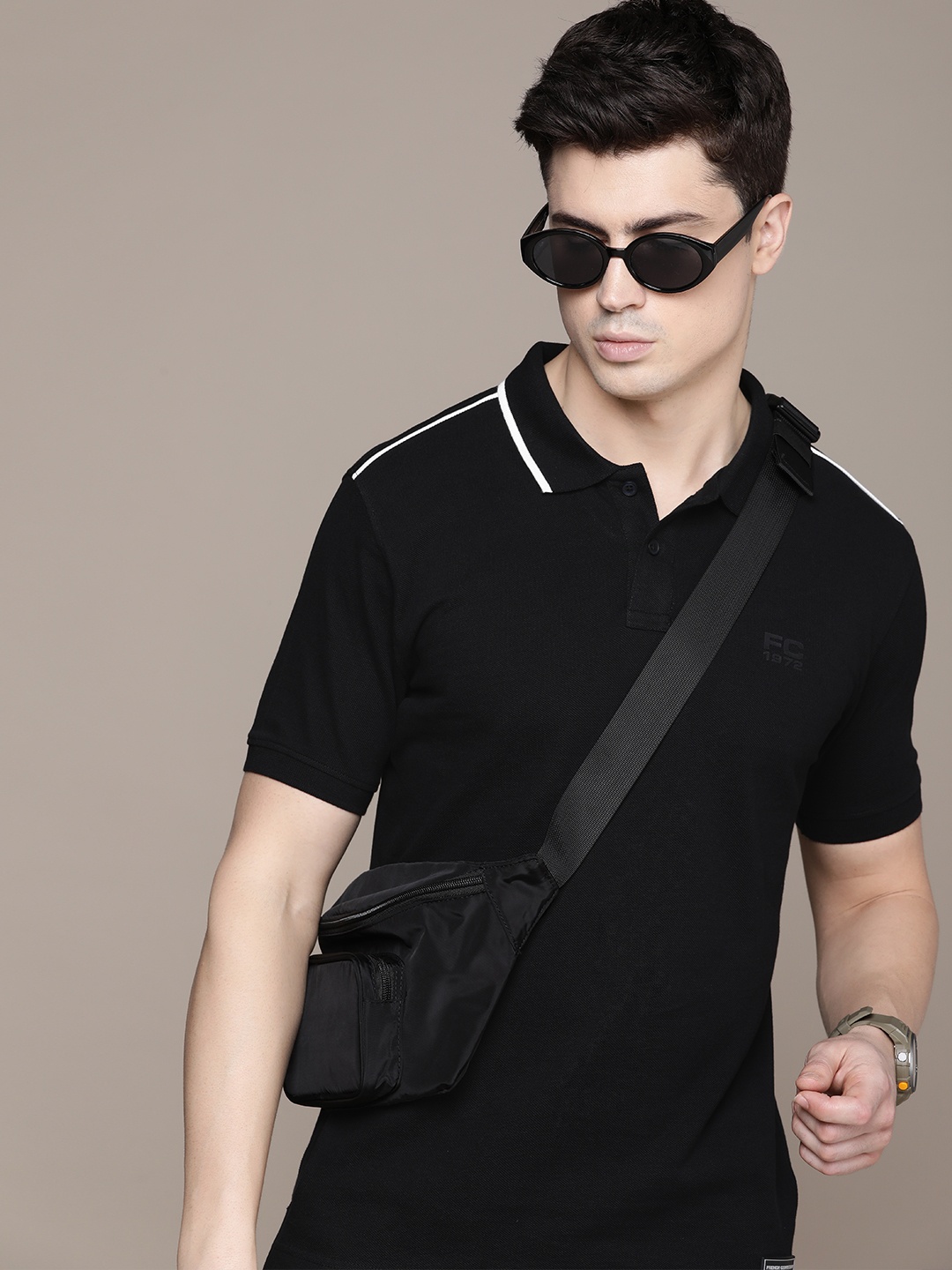 

French Connection Polo Collar Pure Cotton T-shirt, Black