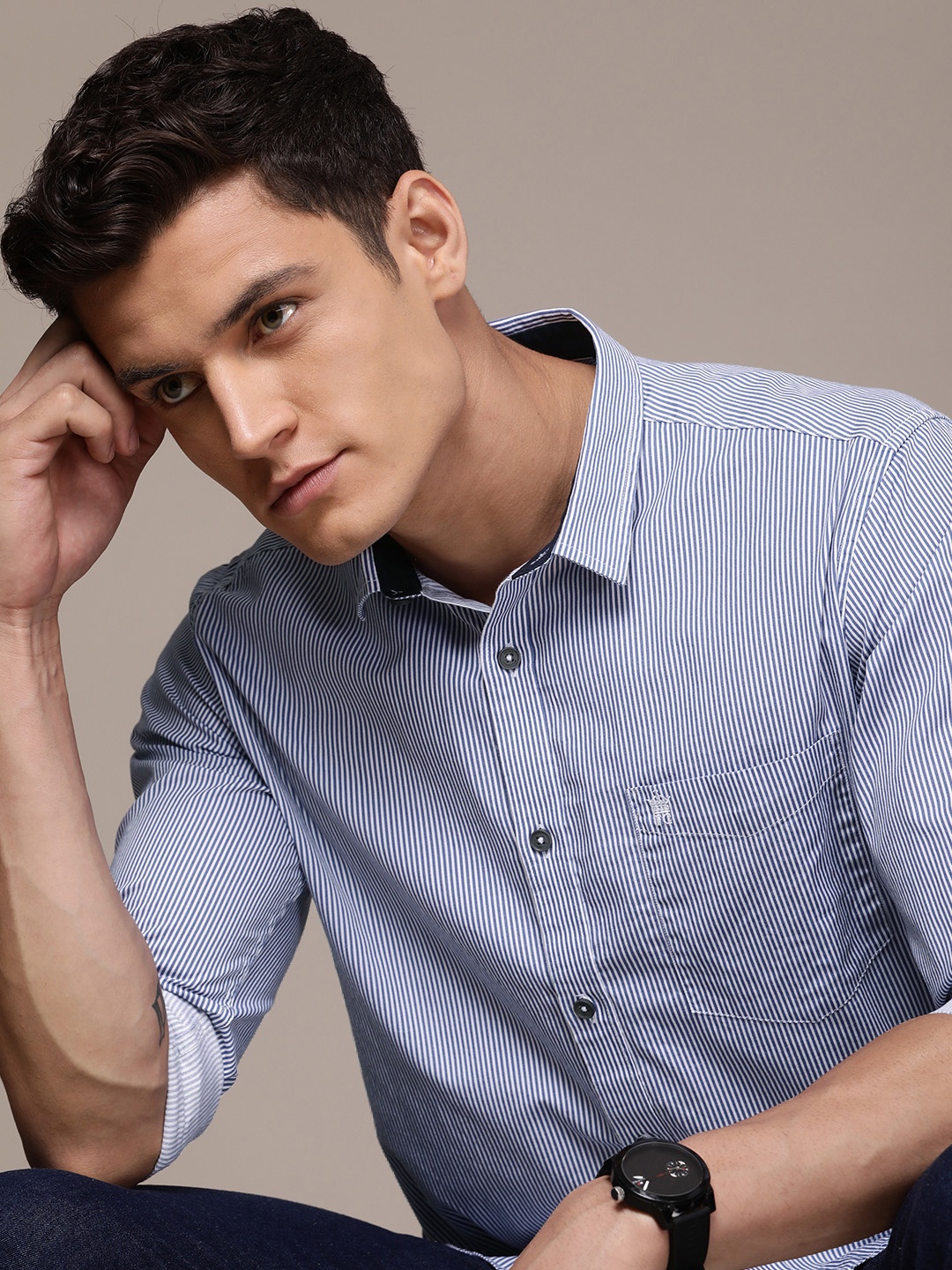 

French Connection Pure Cotton Slim Fit Opaque Striped Casual Shirt, Blue