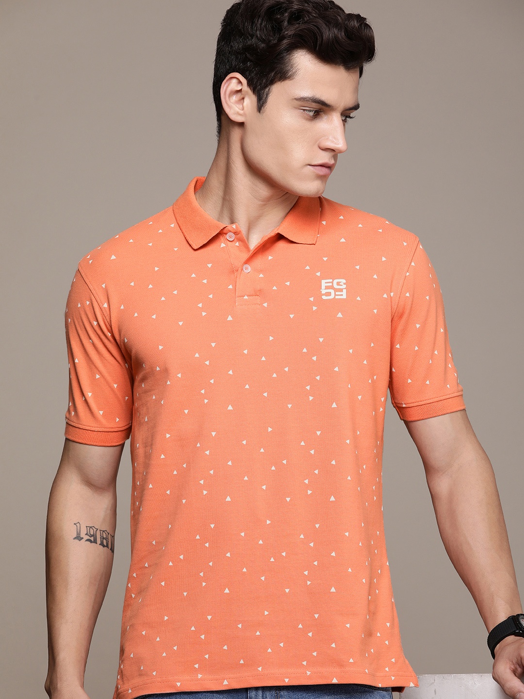 

French Connection Men Printed Polo Collar Pure Cotton T-shirt, Coral