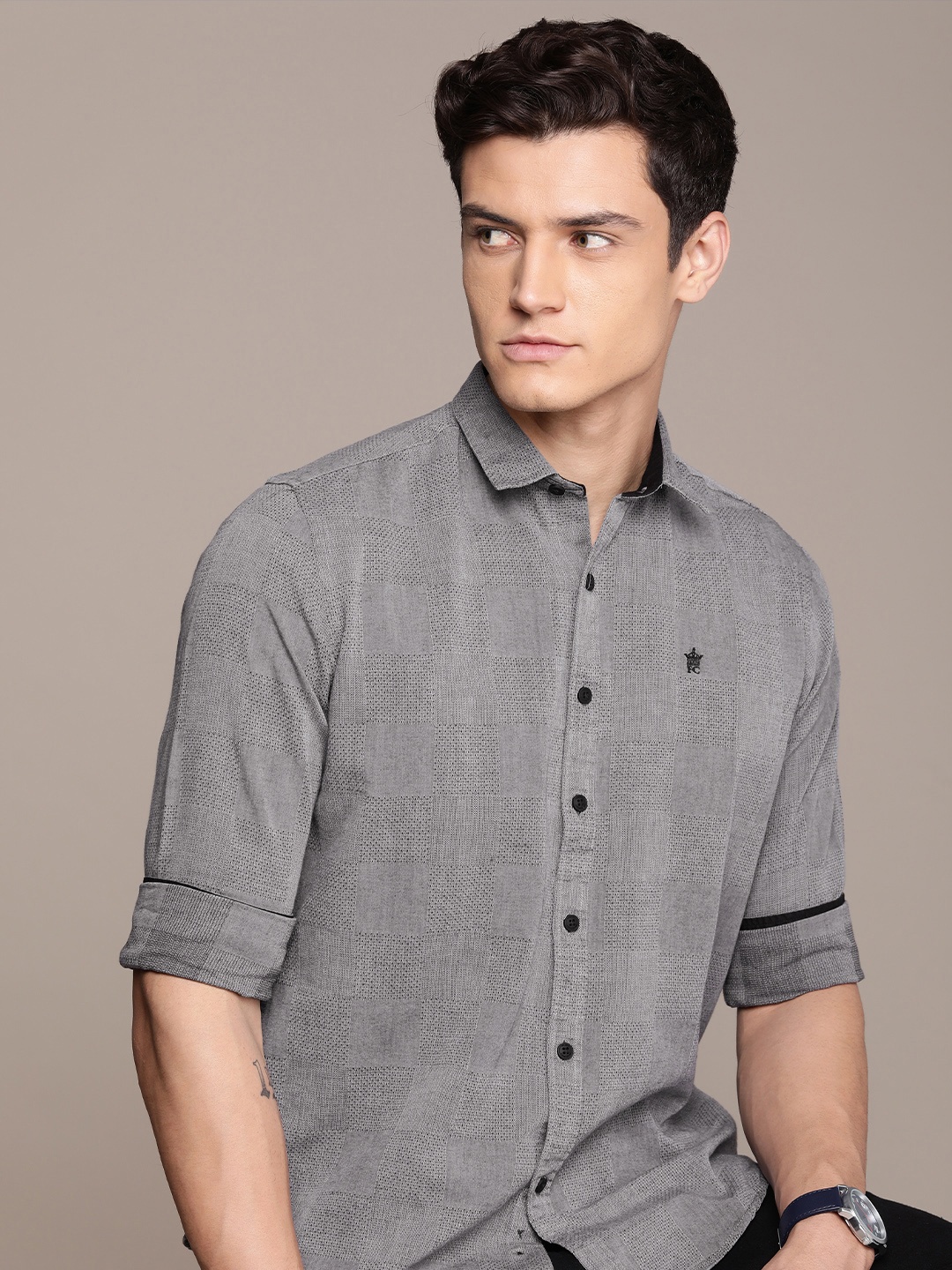 

French Connection Men Pure Cotton Slim Fit Opaque Checked Casual Shirt, Grey