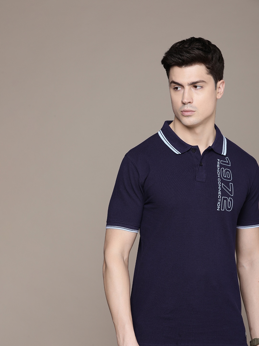 

French Connection Men Pure Cotton Brand Logo Printed Polo Collar T-shirt, Navy blue