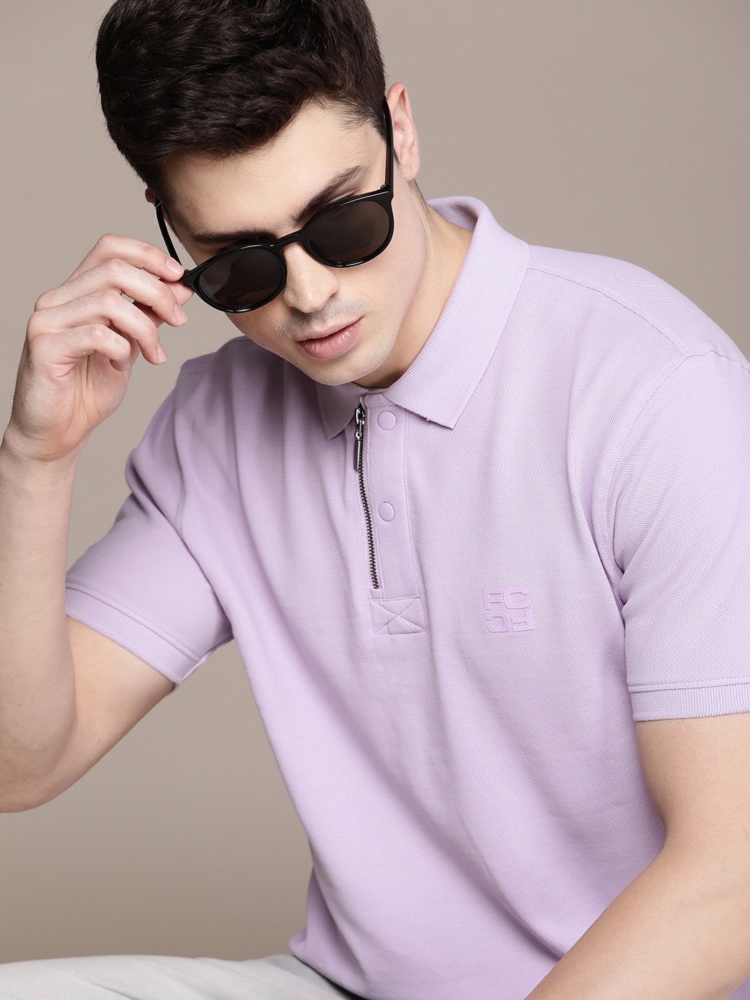 

French Connection Solid Polo Collar Pure Cotton T-shirt, Lavender