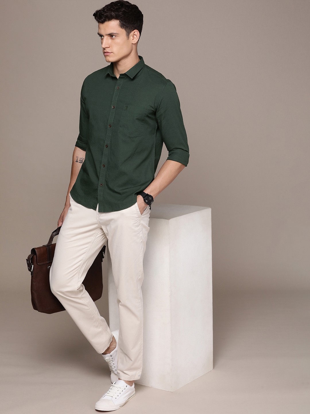 

French Connection Pure Cotton Self Design Textured Slim Fit Opaque Casual Shirt, Green