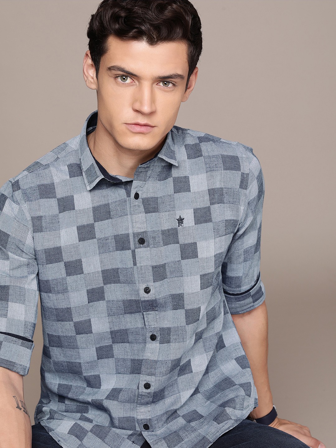 

French Connection Men Pure Cotton Slim Fit Opaque Checked Casual Shirt, Blue