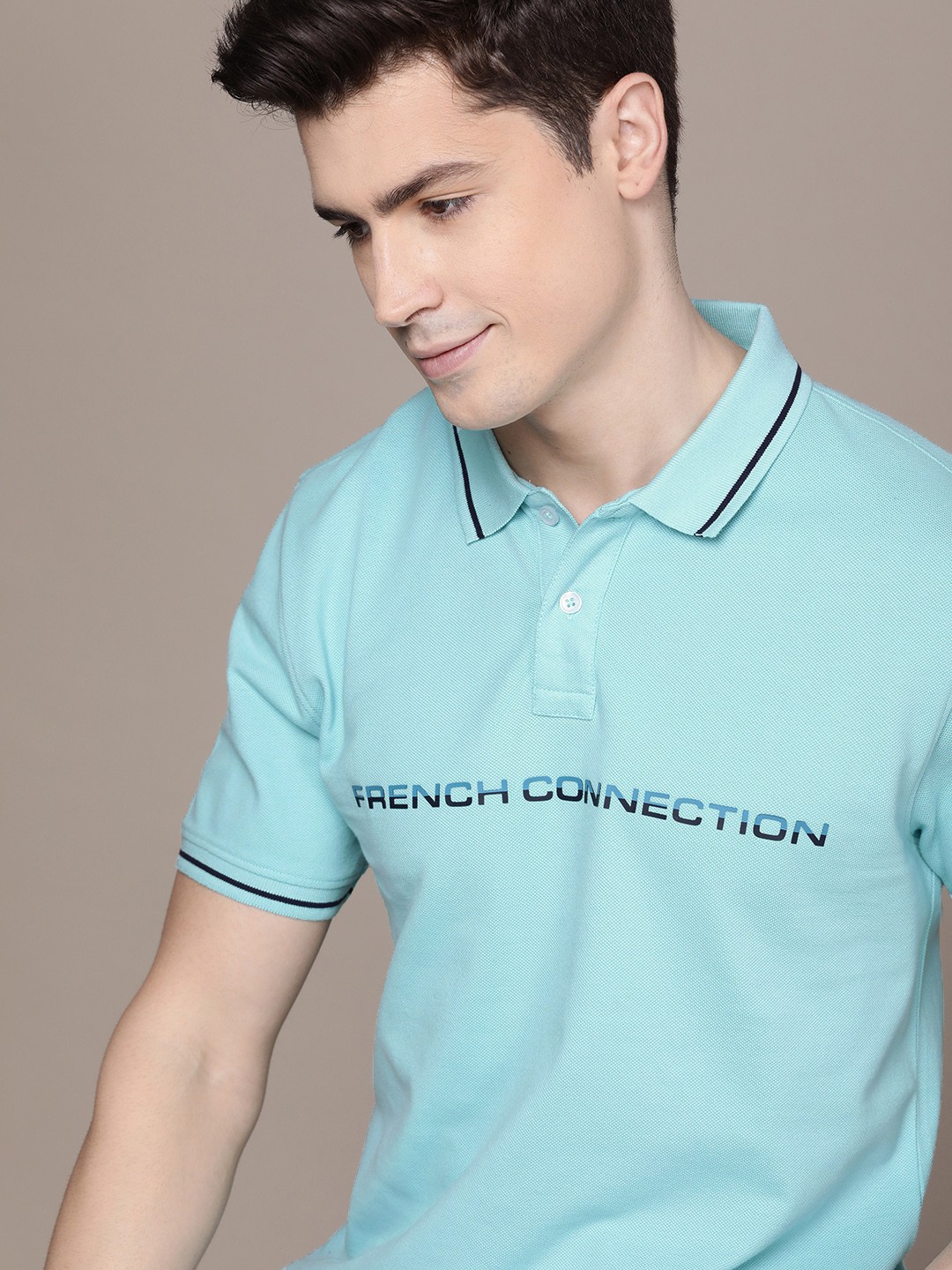

French Connection Typography Printed Polo Collar Pure Cotton T-shirt, Turquoise blue