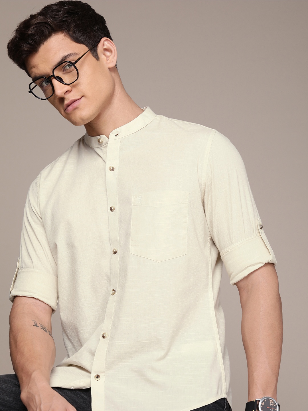 

French Connection Band Collar Slim Fit Pure Cotton Casual Shirt, Beige