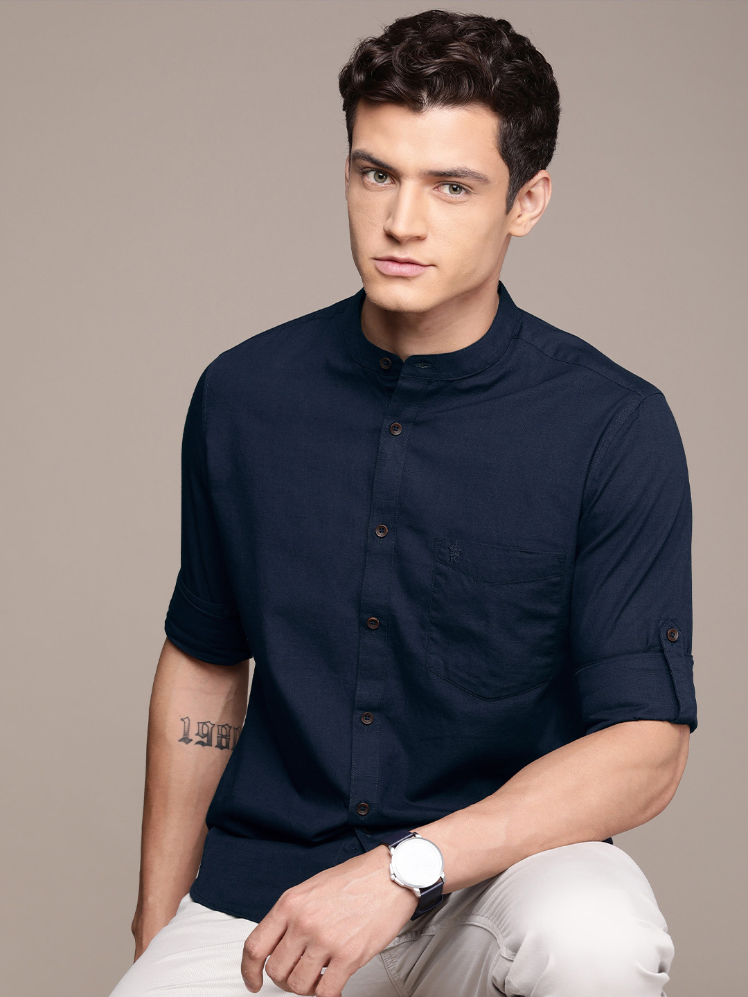 

French Connection Band Collar Slim Fit Pure Cotton Casual Shirt, Navy blue