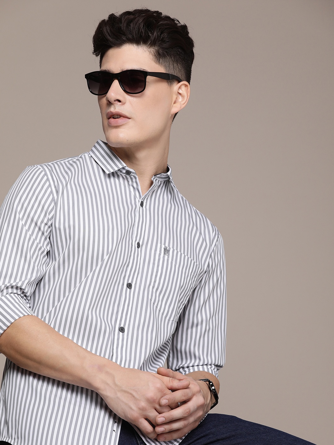 

French Connection Slim Fit Striped Pure Cotton Casual Shirt, Grey