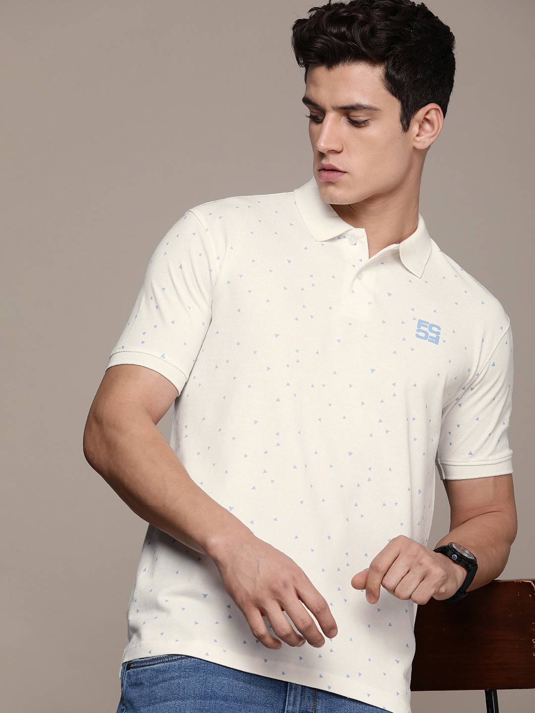 

French Connection Men Printed Polo Collar Pure Cotton T-shirt, White