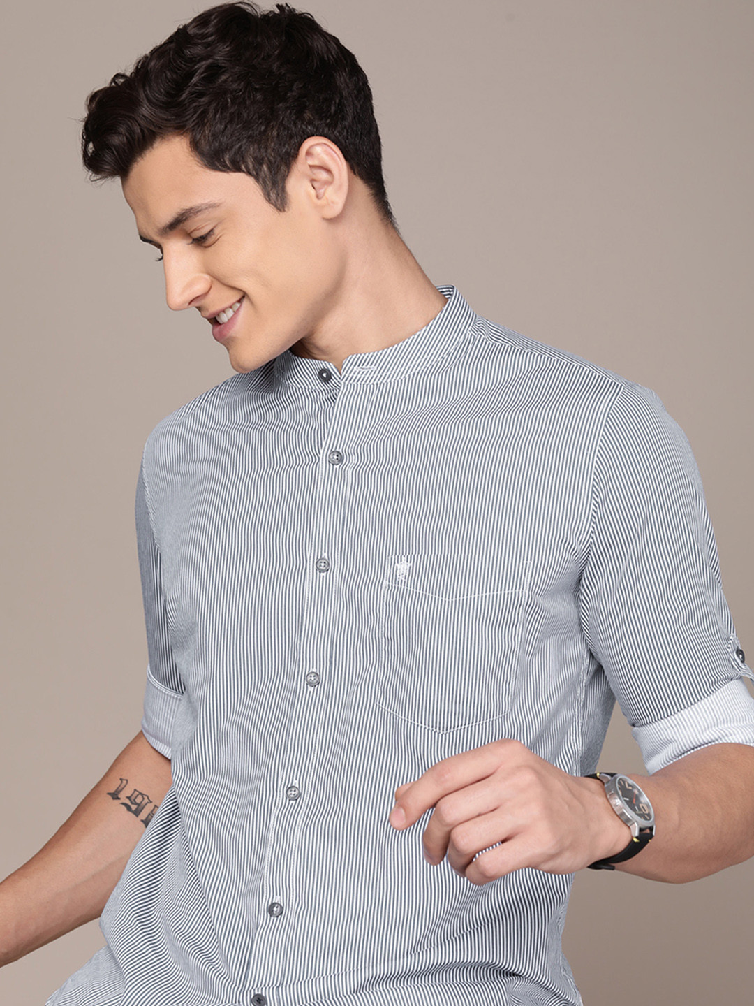 

French Connection Band Collar Striped Slim Fit Pure Cotton Casual Shirt, Navy blue