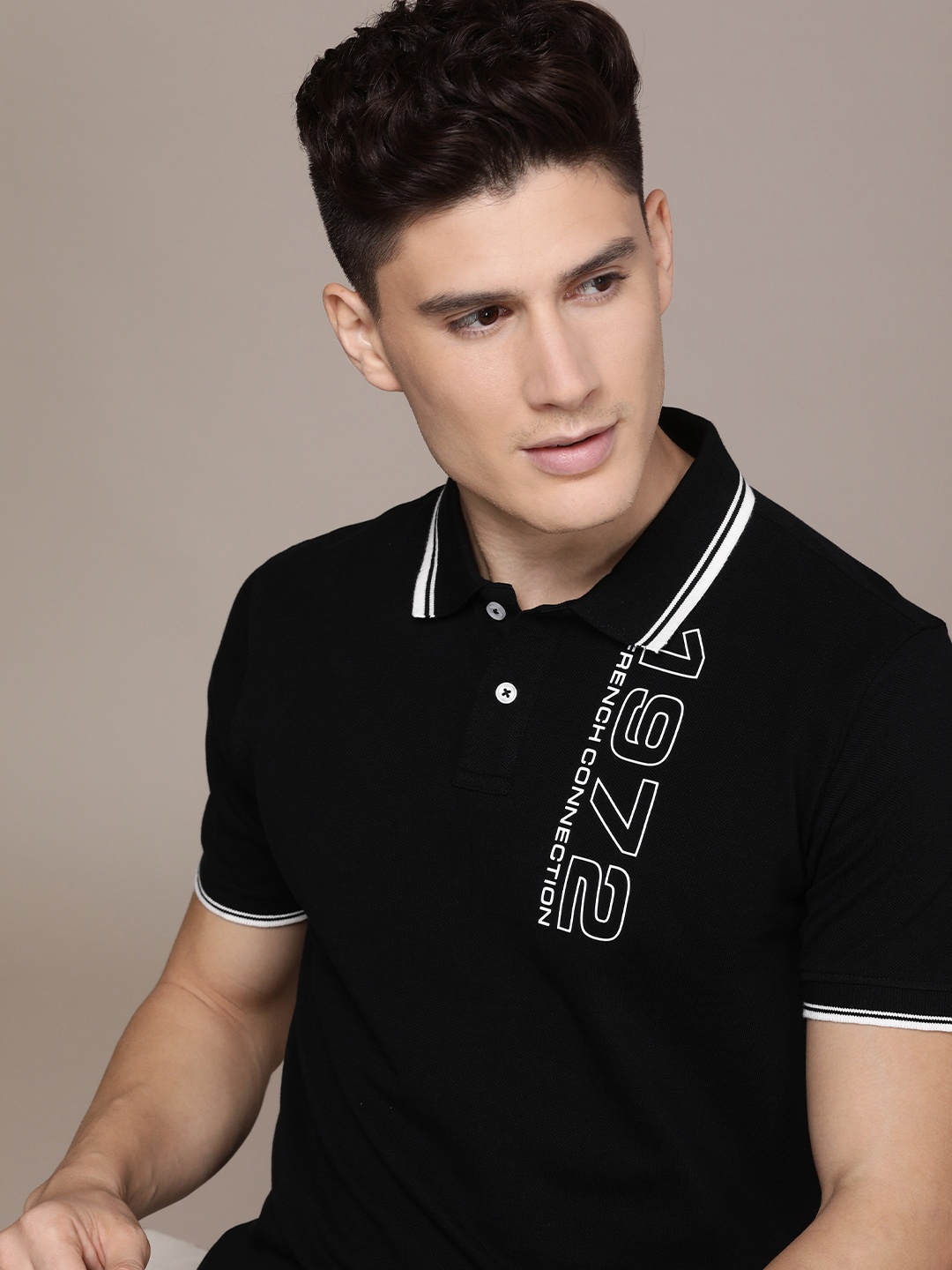 

French Connection Brand Logo Varsity Printed Polo Collar Pure Cotton T-shirt, Black