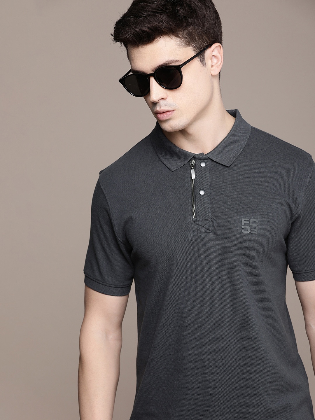 

French Connection Solid Polo Collar Pure Cotton T-shirt, Grey
