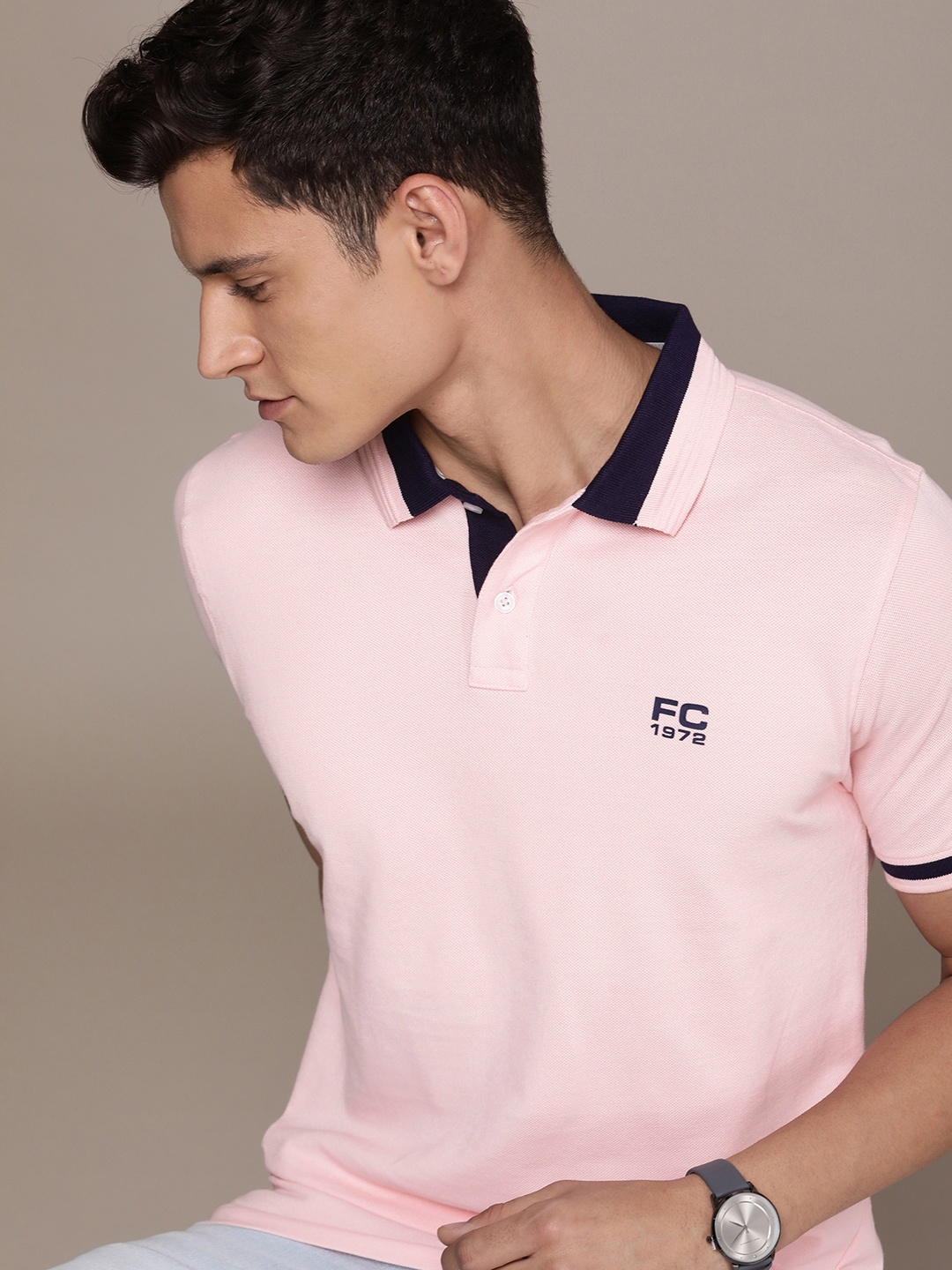 

French Connection Contrast Polo Collar Pure Cotton T-shirt, Pink