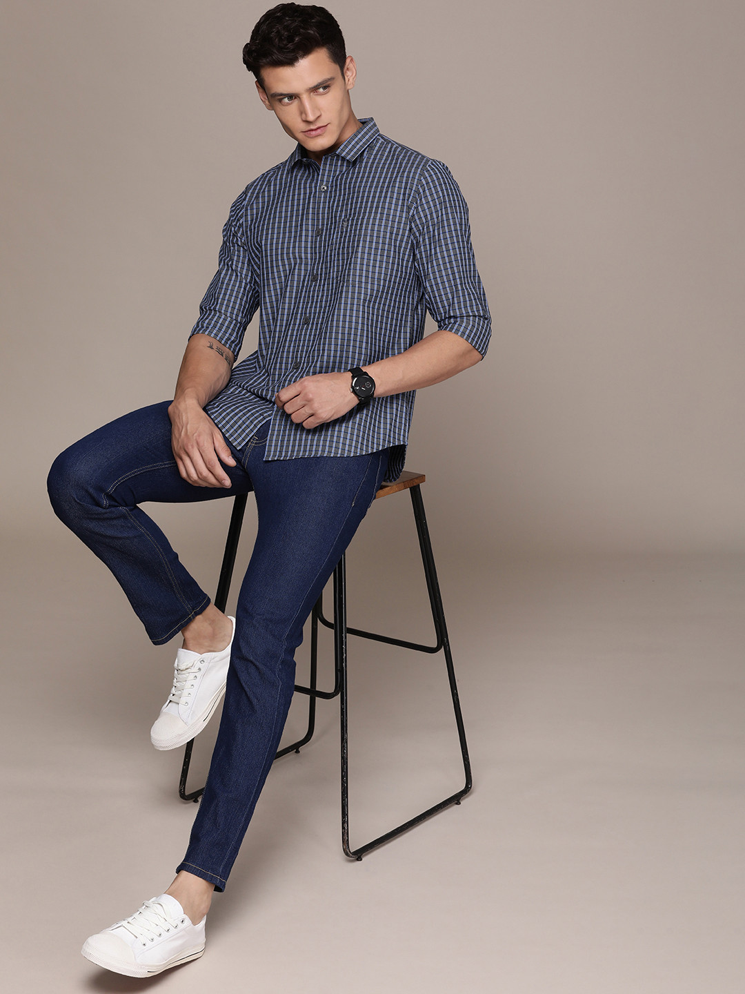 

French Connection Pure Cotton Slim Fit Opaque Checked Casual Shirt, Grey