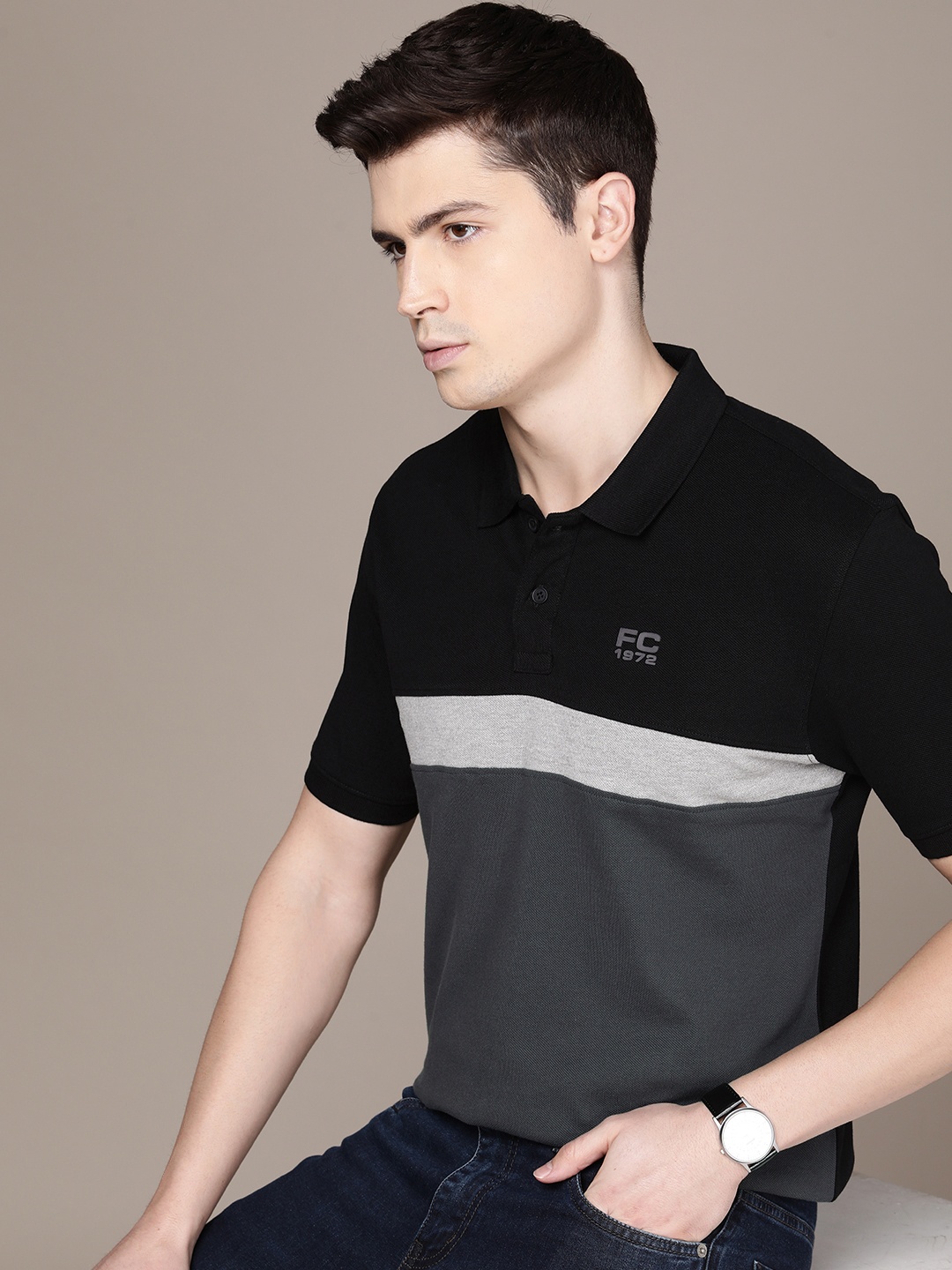 

French Connection Colourblocked Polo Collar Pure Cotton T-shirt, Black