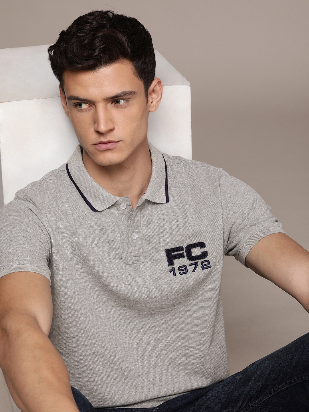 

French Connection Men Solid With Brand Logo Detail Polo Collar T-shirt, Grey