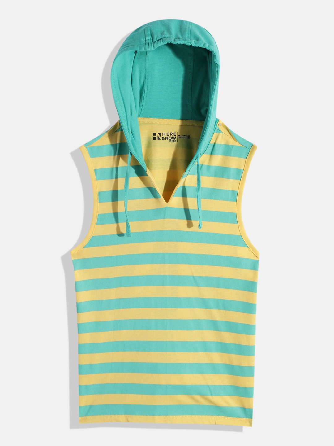 

HERE&NOW Boys Striped Hooded Sleeveless Pure Cotton T-shirt, Green