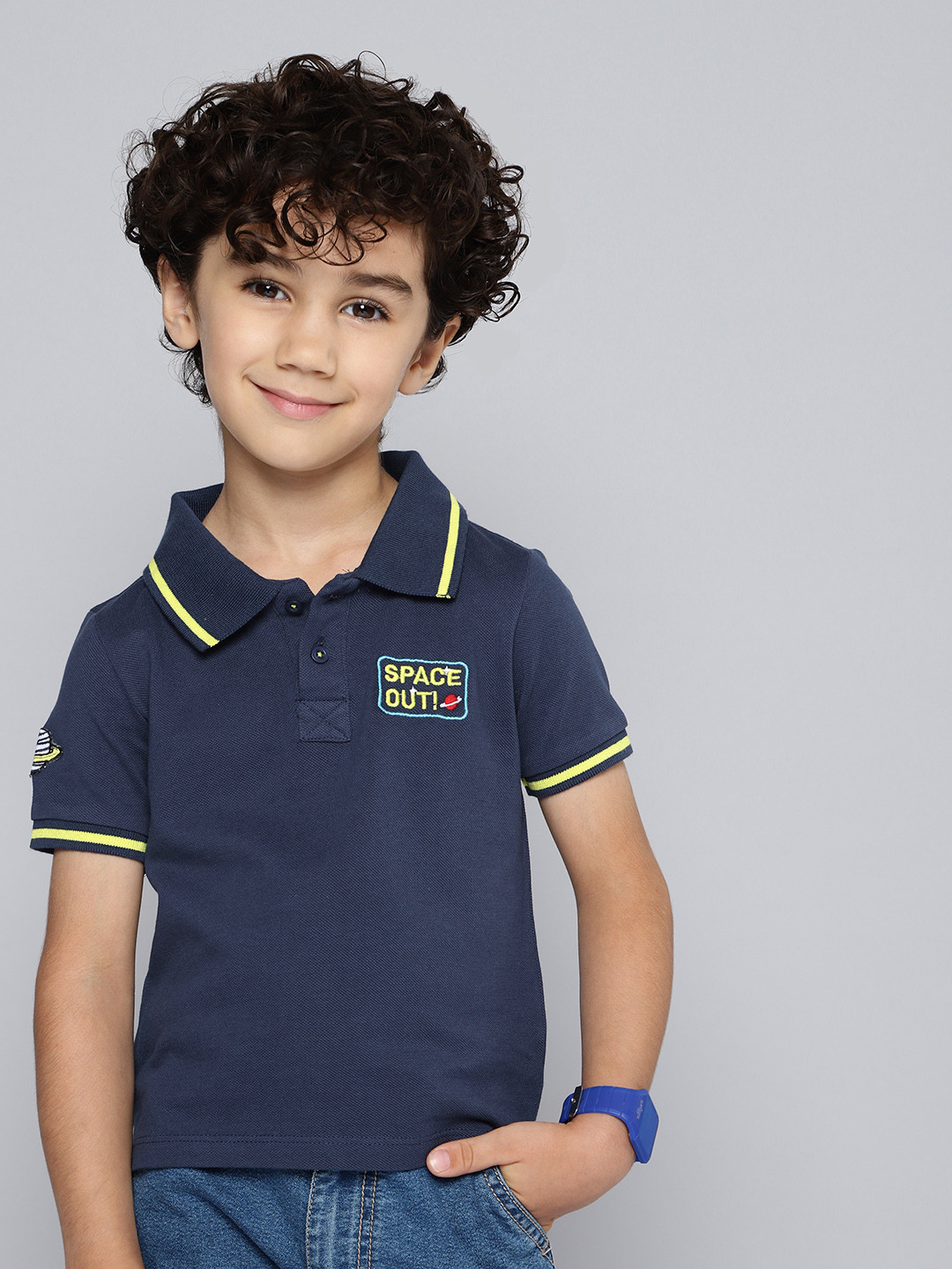 

HERE&NOW Boys Navy Blue Pure Cotton Polo Collar T-shirt
