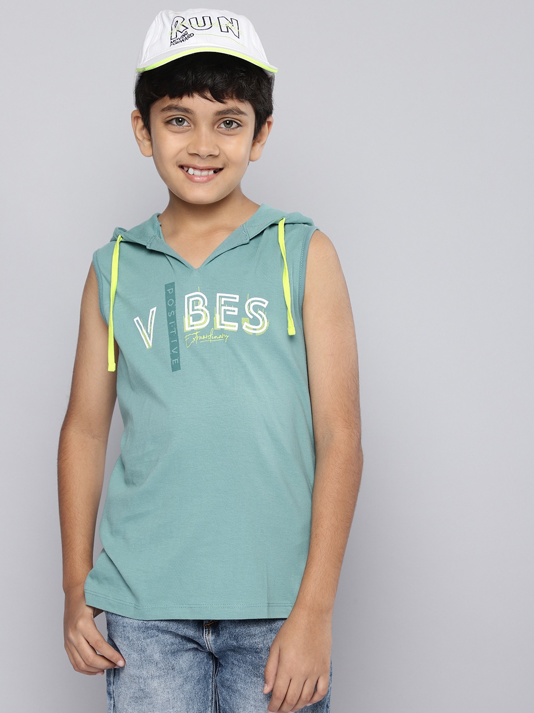 

HERE&NOW Boys Printed Pure Cotton Hooded Sleeveless T-shirt, Green