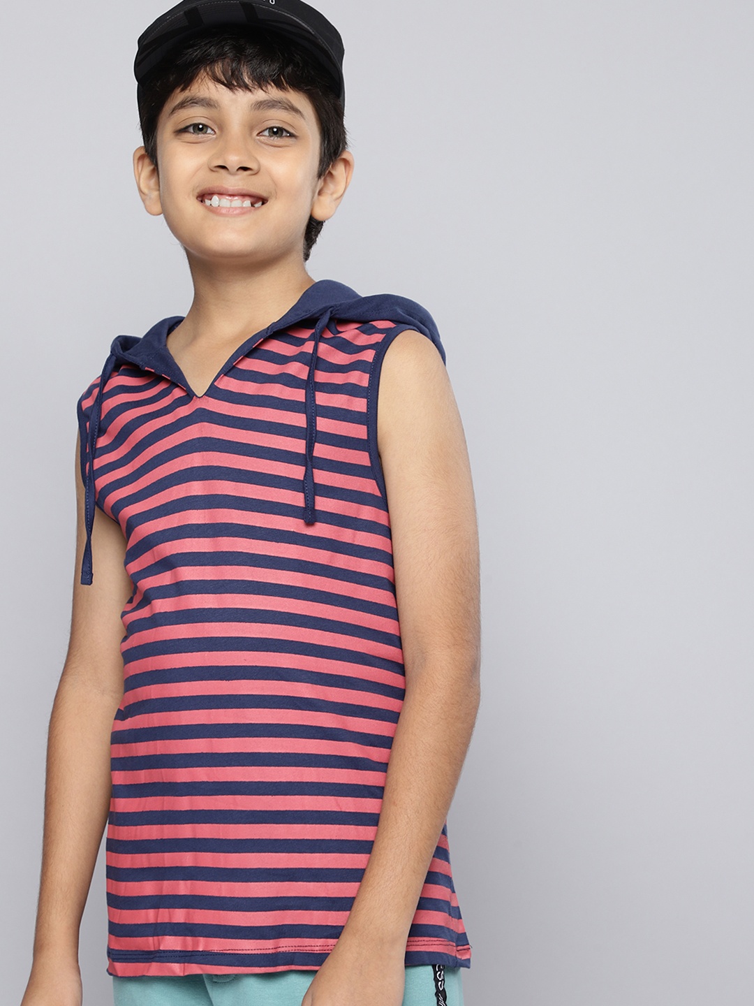 

HERE&NOW Boys Striped Hooded Pure Cotton T-shirt, Navy blue