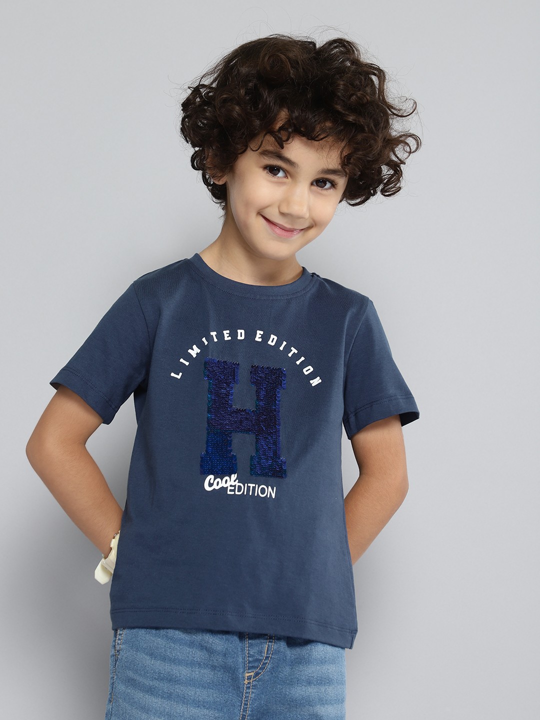 

HERE&NOW Boys Typography Print Reversible Sequinned Knitted T-shirt, Navy blue