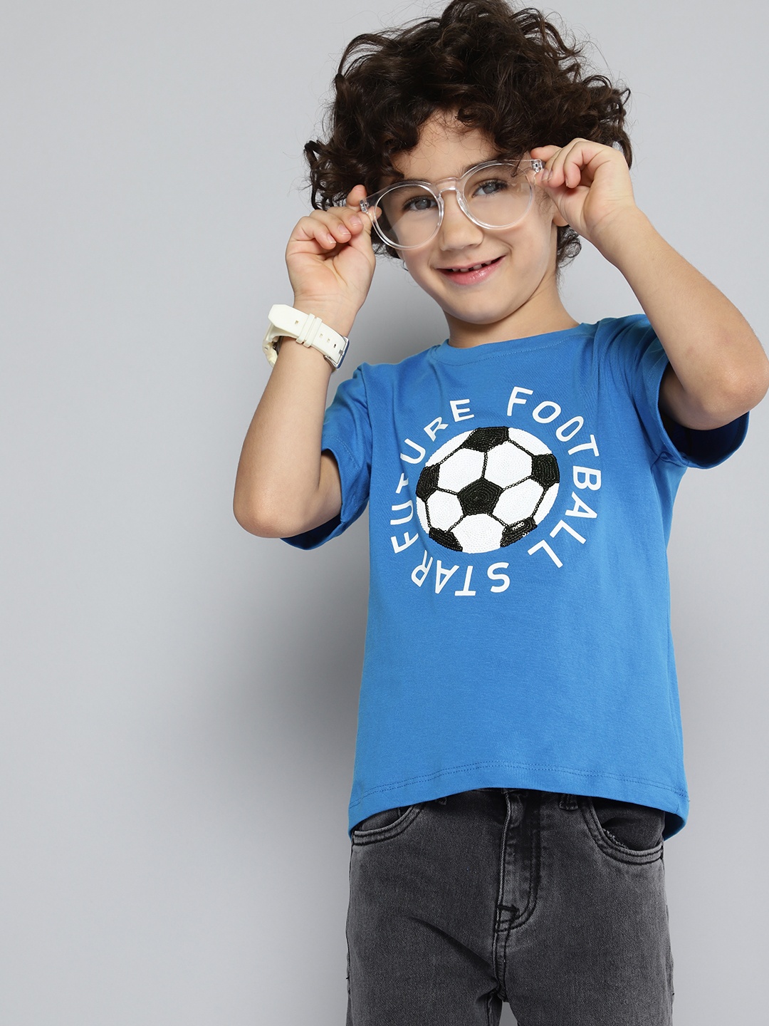 

HERE&NOW Boys Typography Print Sequinned Embellished Knitted T-shirt, Blue