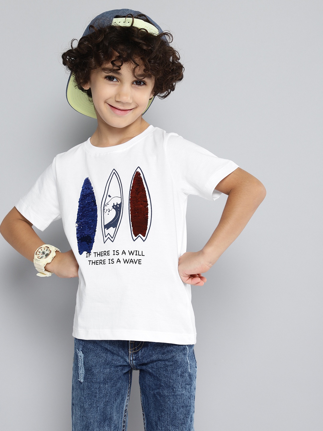 

HERE&NOW Boys Typography Print Reversible Sequinned Knitted T-shirt, White