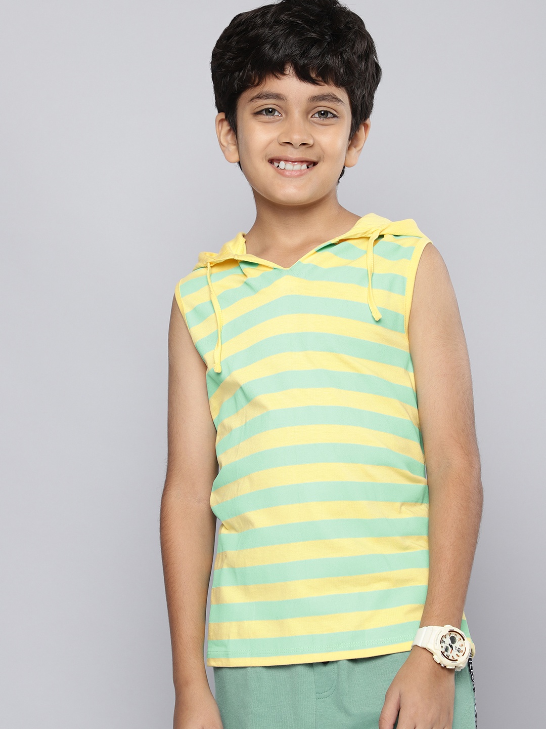 

HERE&NOW Boys Striped Hooded Sleeveless Pure Cotton T-shirt, Yellow