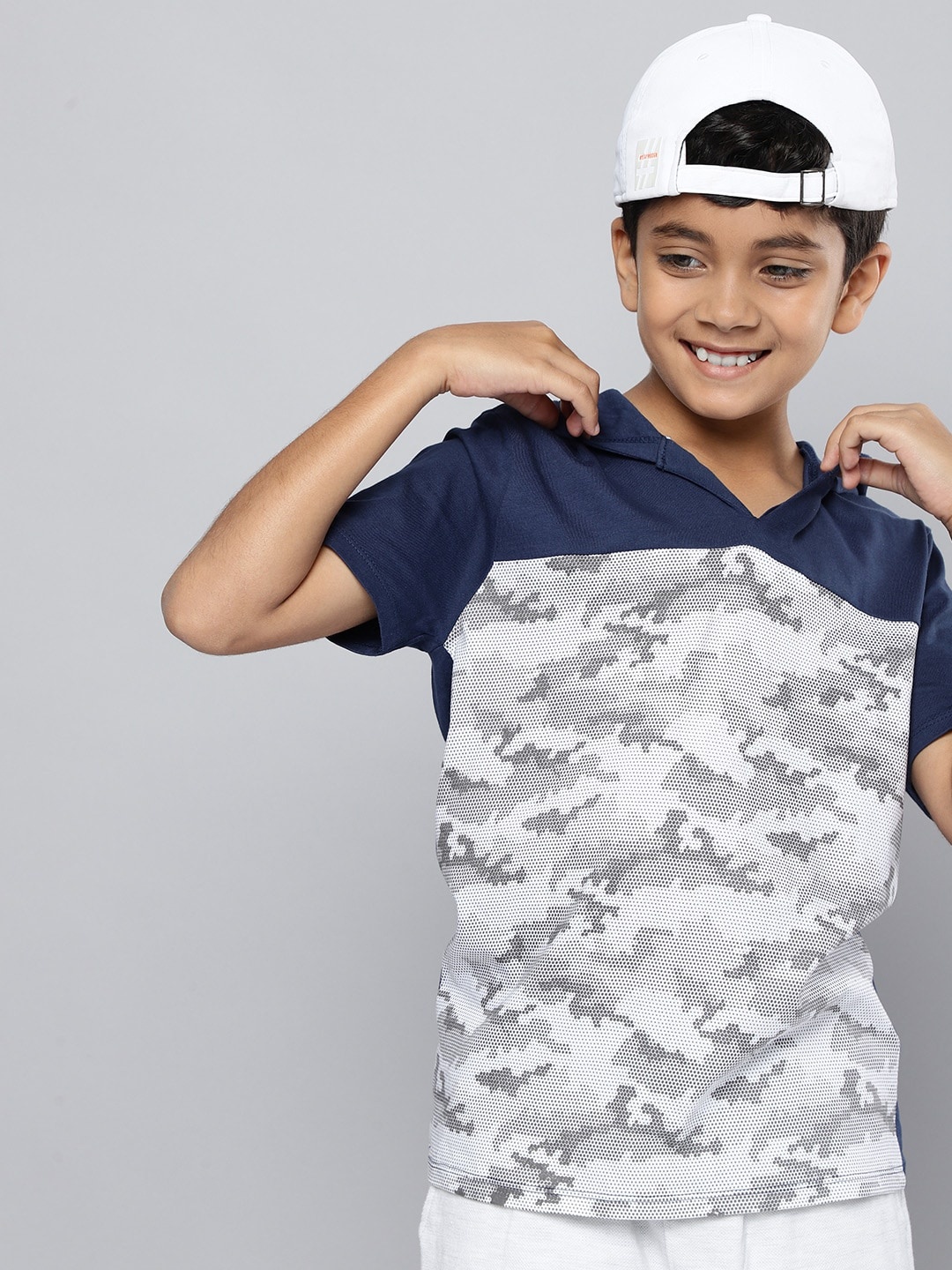 

HERE&NOW Boys Camouflage Print Pure Cotton Hooded T-shirt, Navy blue