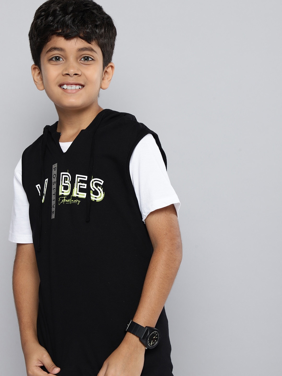 

HERE&NOW Boys Printed Pure Cotton Hooded Sleeveless T-shirt, Black