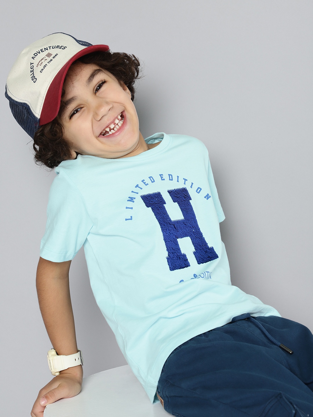 

HERE&NOW Boys Typography Print Reversible Sequinned Knitted T-shirt, Blue