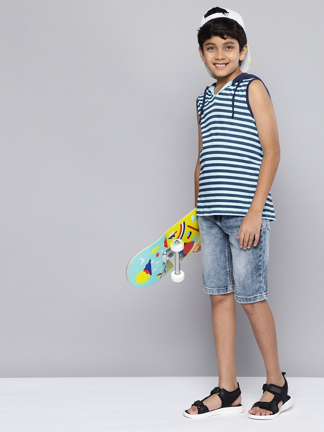 

HERE&NOW Boys Striped Hooded Pure Cotton T-shirt, Blue