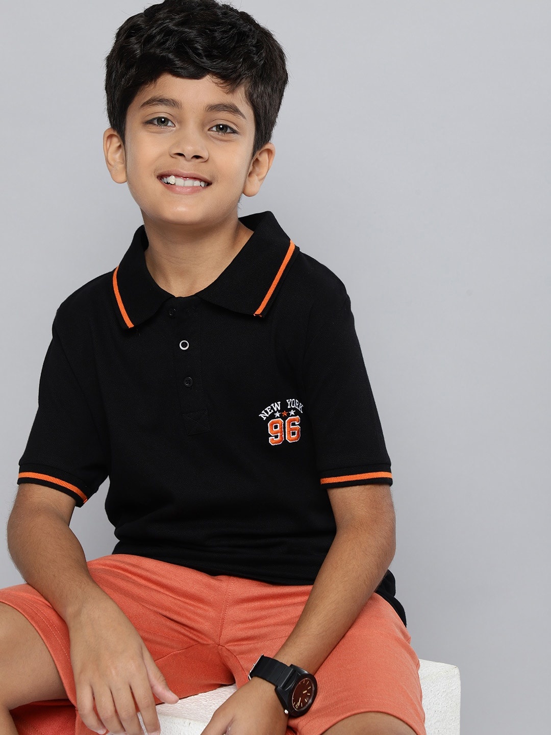 

HERE&NOW Boys Pure Cotton Polo Collar T-shirt, Black