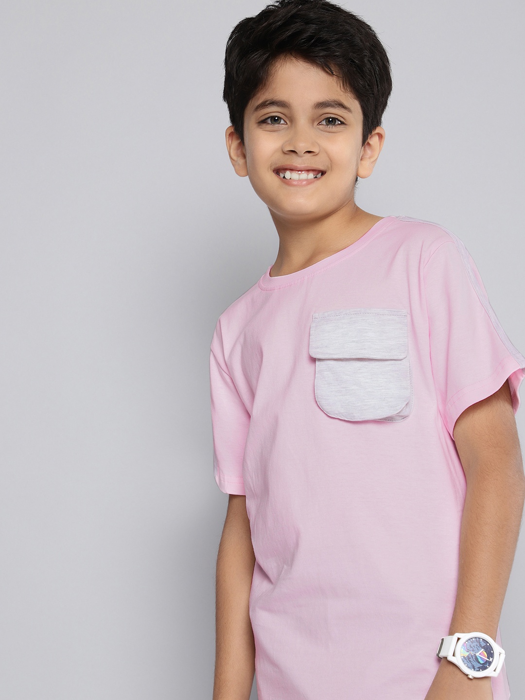 

HERE&NOW Boys Pure Cotton T-shirt with Contrast Pocket Detail, Pink