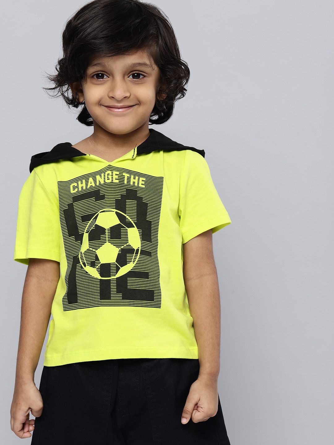 

HERE&NOW Boys Printed Pure Cotton Hooded T-shirt, Lime green