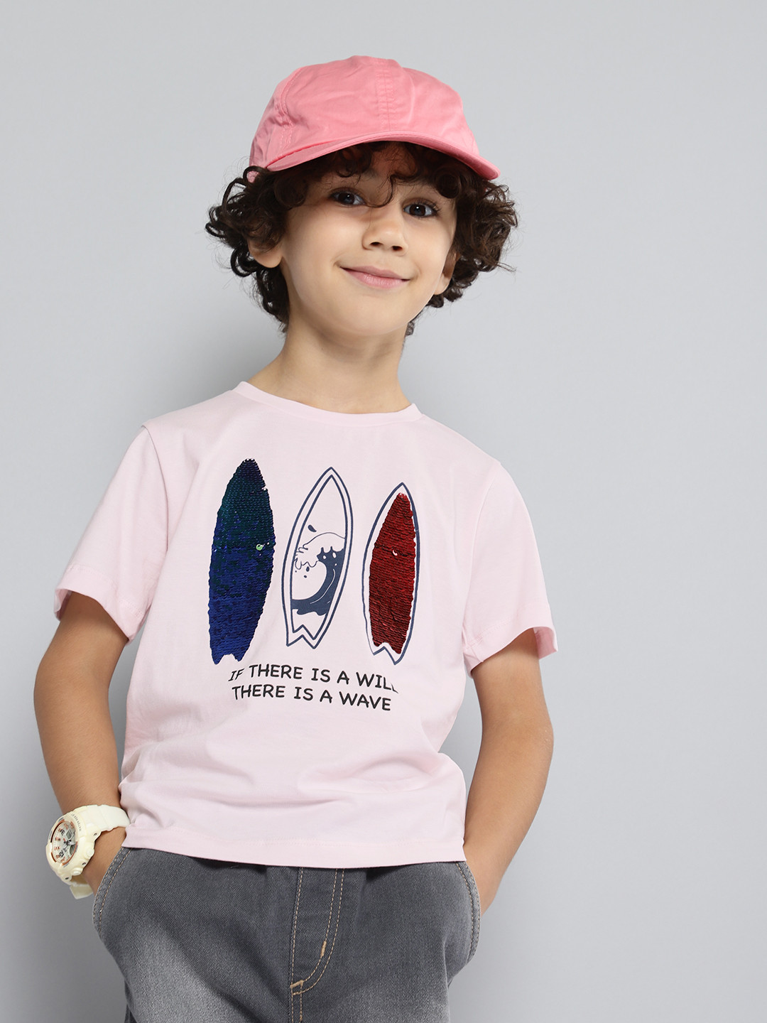 

HERE&NOW Boys Typography Print Reversible Sequinned Knitted T-shirt, Pink