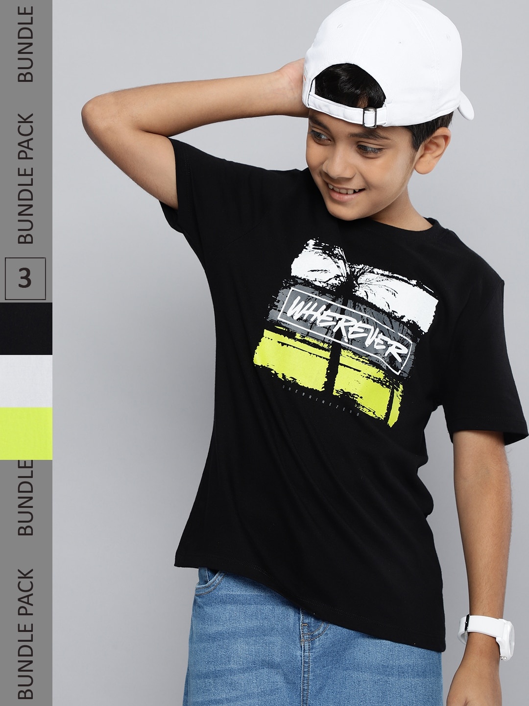 

HERE&NOW Boys Pack Of 3 Solid & Printed Knitted Pure Cotton T-shirts, Assorted
