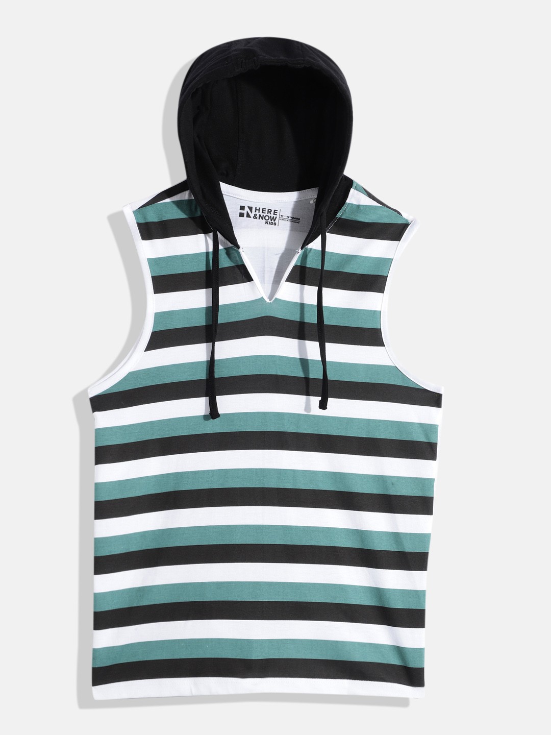 

HERE&NOW Boys Striped Hooded Pure Cotton Sleeveless T-shirt, Black