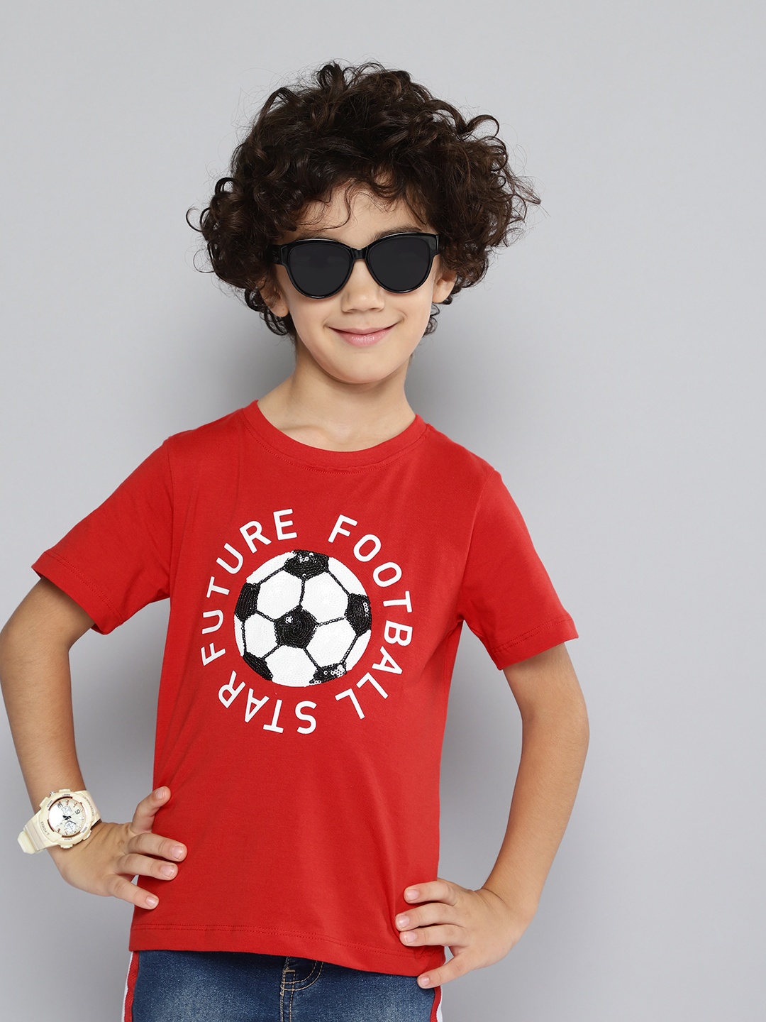 

HERE&NOW Boys Typography Print Sequinned Knitted T-shirt, Red